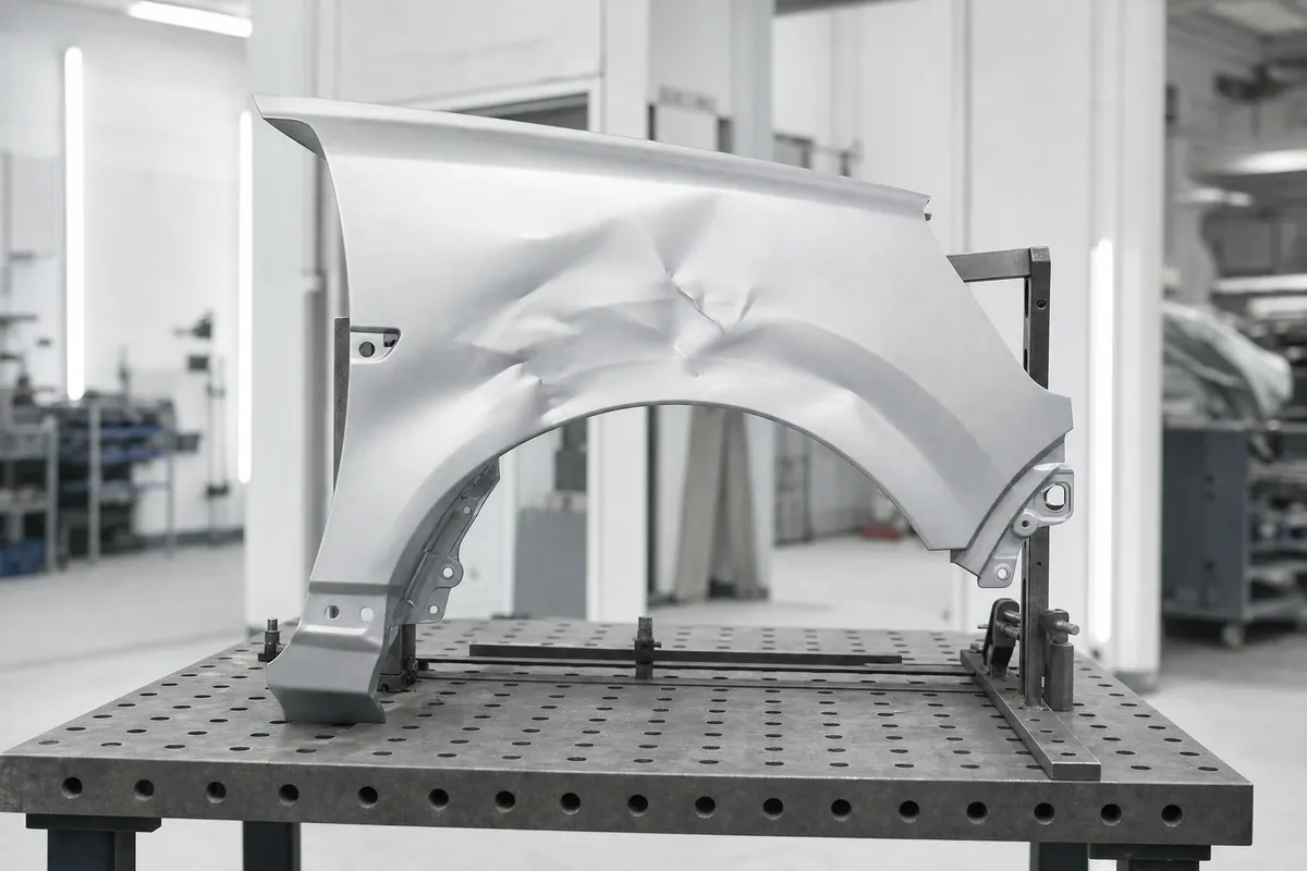 A dented silver car fender clamped upright on a steel welding bench, the crease across its upper face turned toward the camera.