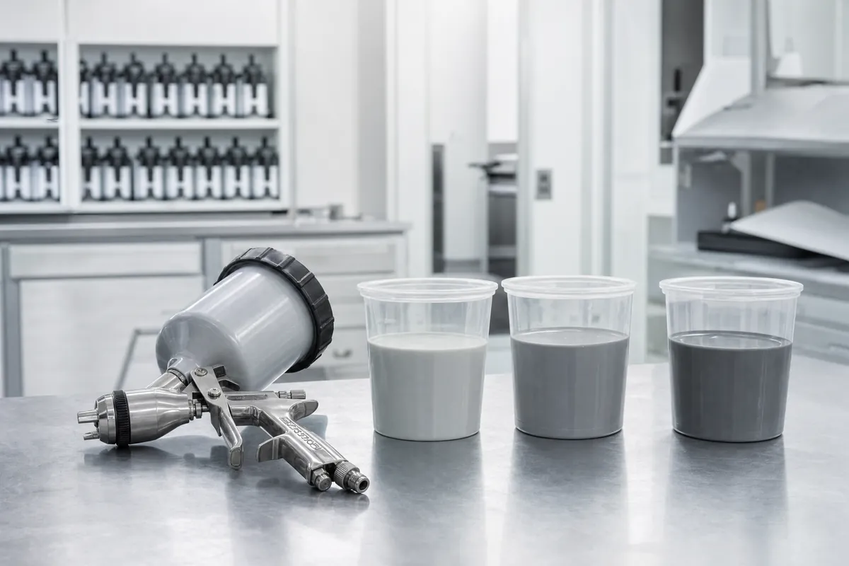 A paint spray gun lying on a steel mixing bench beside three clear cups holding three different grays, shelves of mixing stock behind.