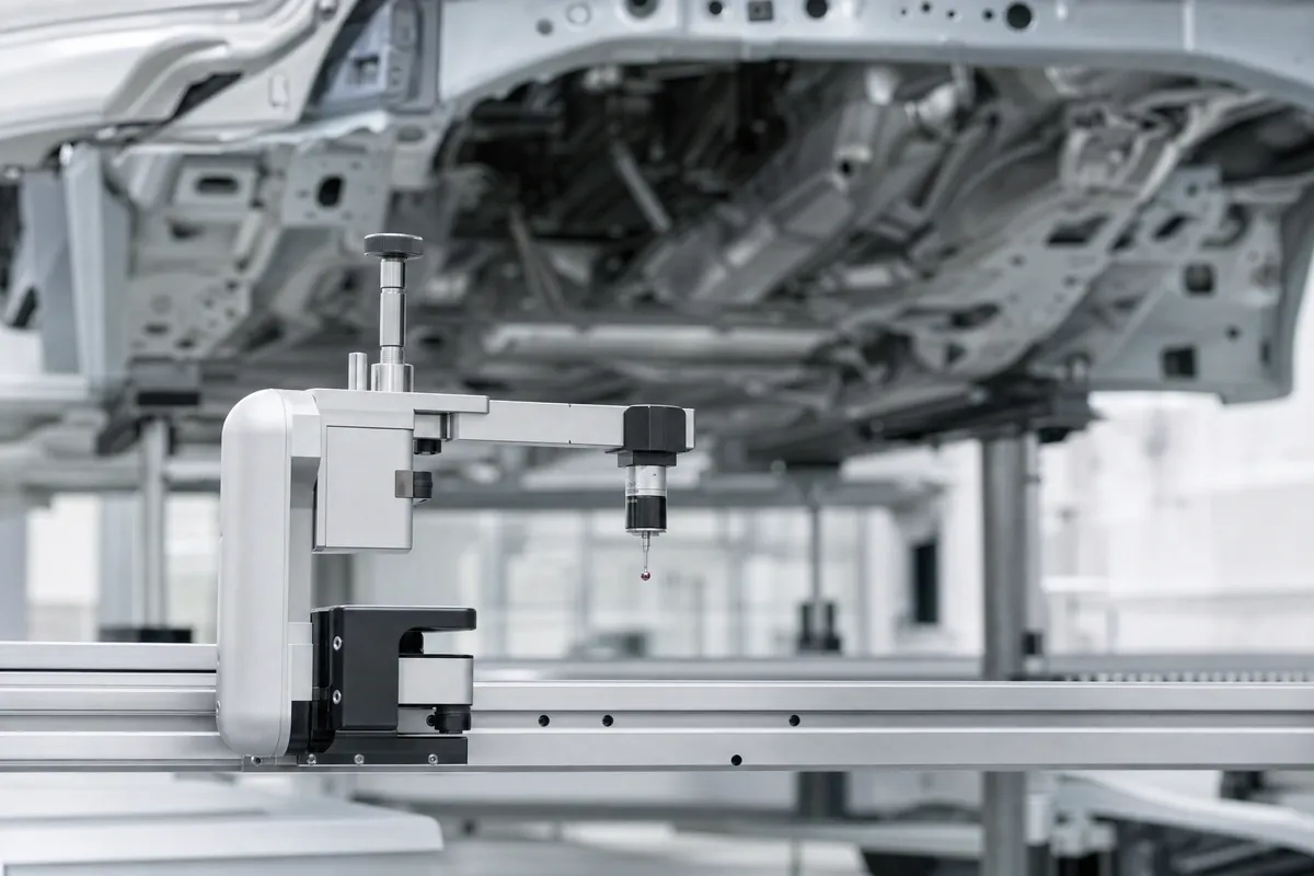 The measuring head of an alignment bench on its rail, the underbody of a car out of focus above it.