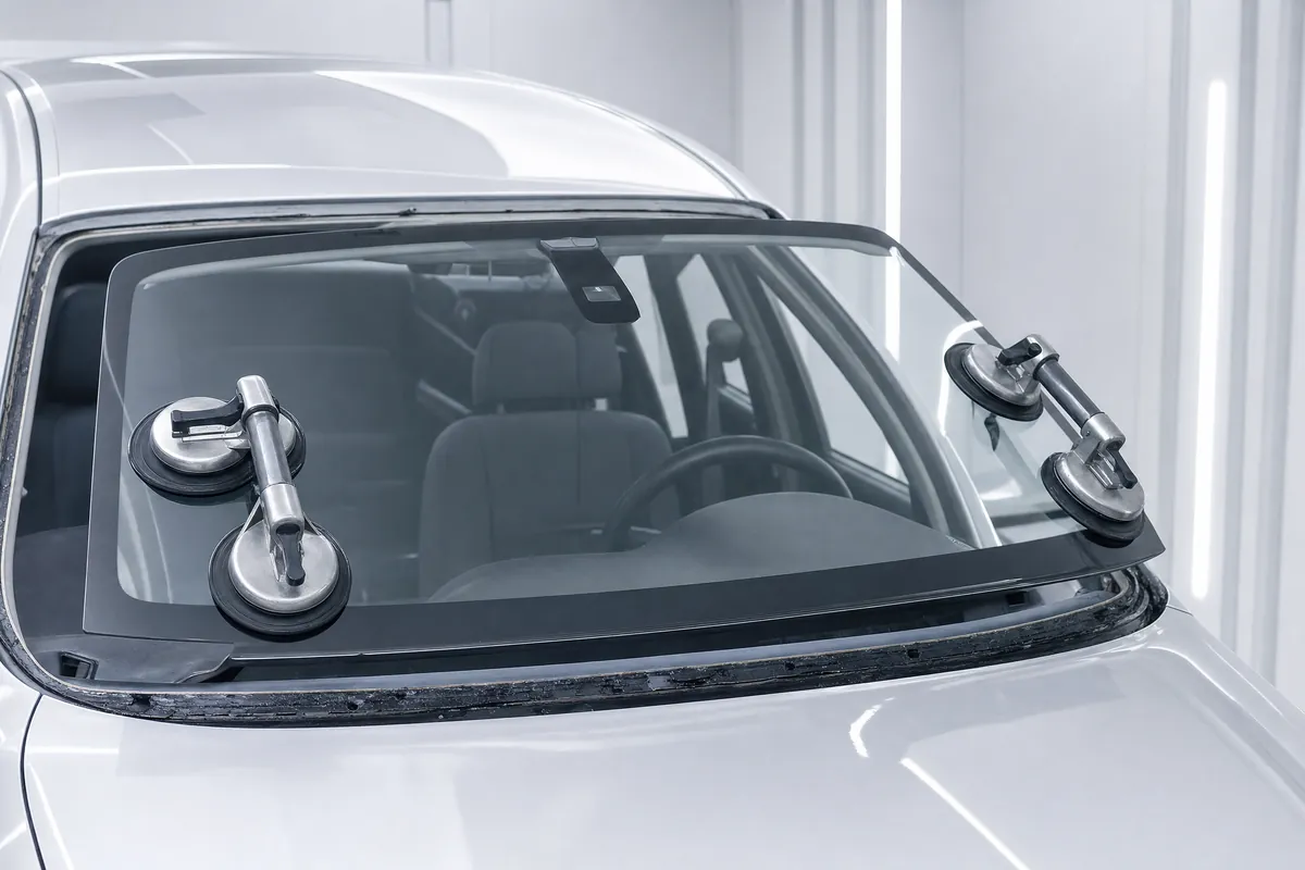 A windshield held by two suction cup handles, seated into the aperture of a silver car.
