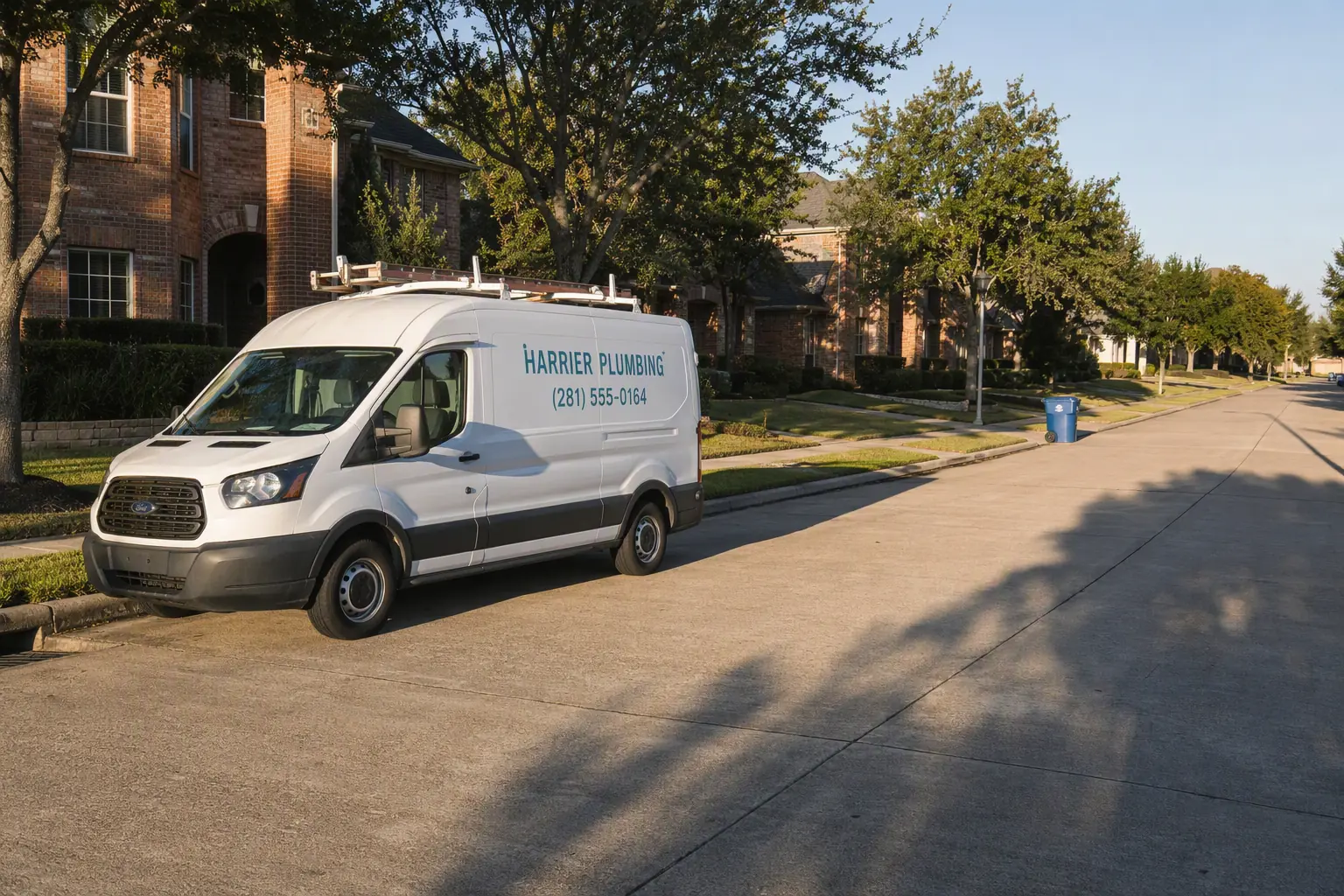 Illustrative white Harrier Plumbing van parked on a Katy street.