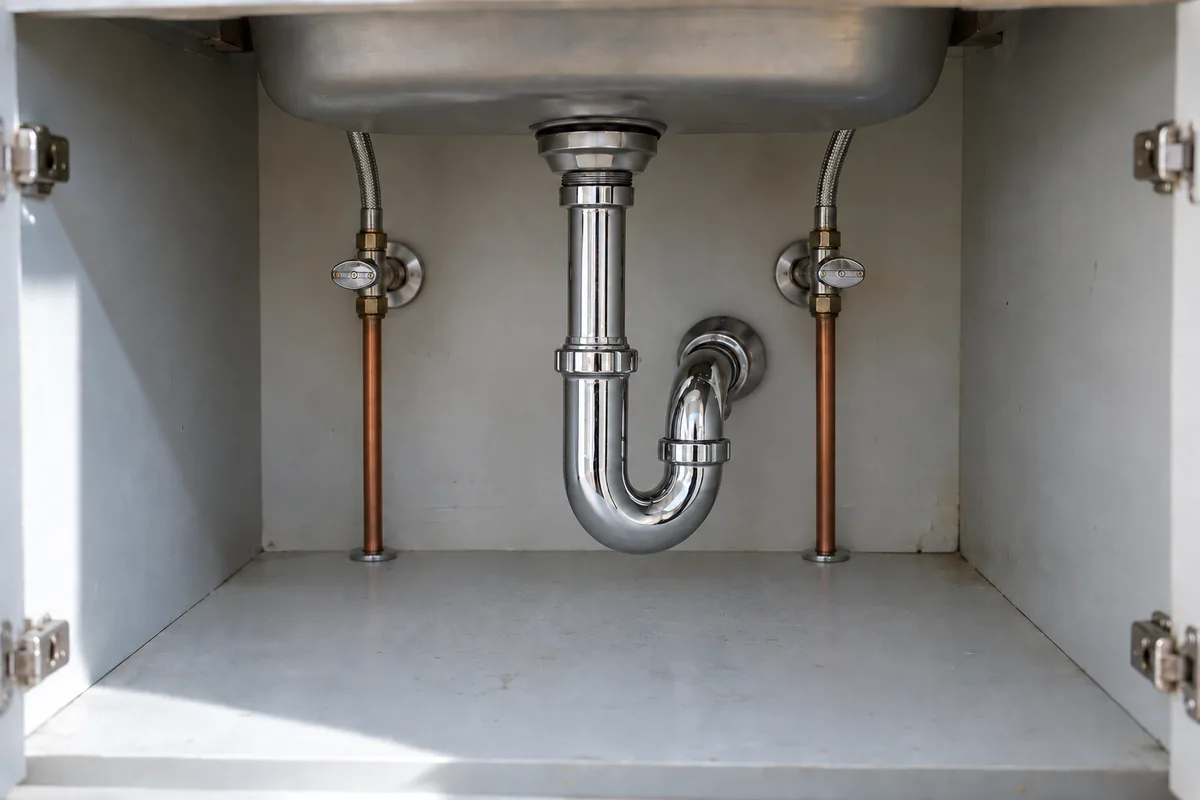 Illustrative under-sink cabinet with a replacement chrome P-trap.