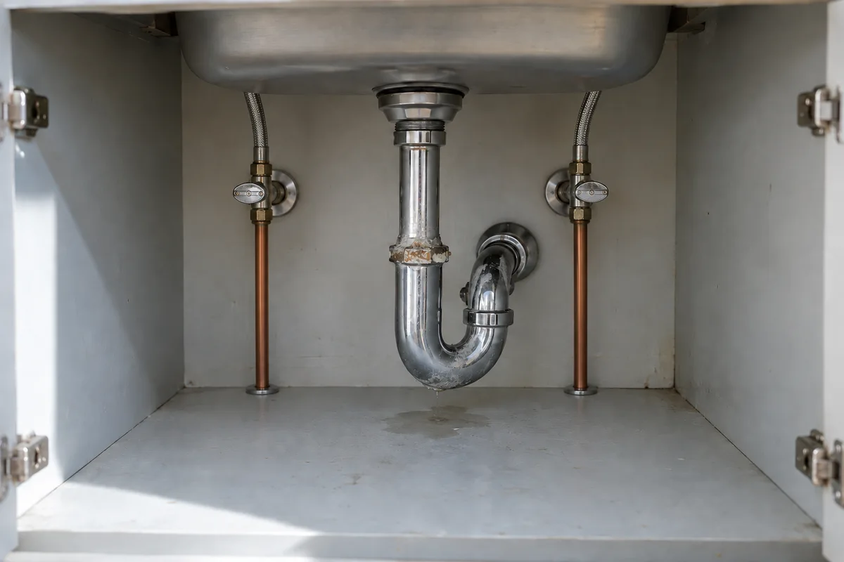 Before illustration: a corroded chrome P-trap with residue and a small wet patch.