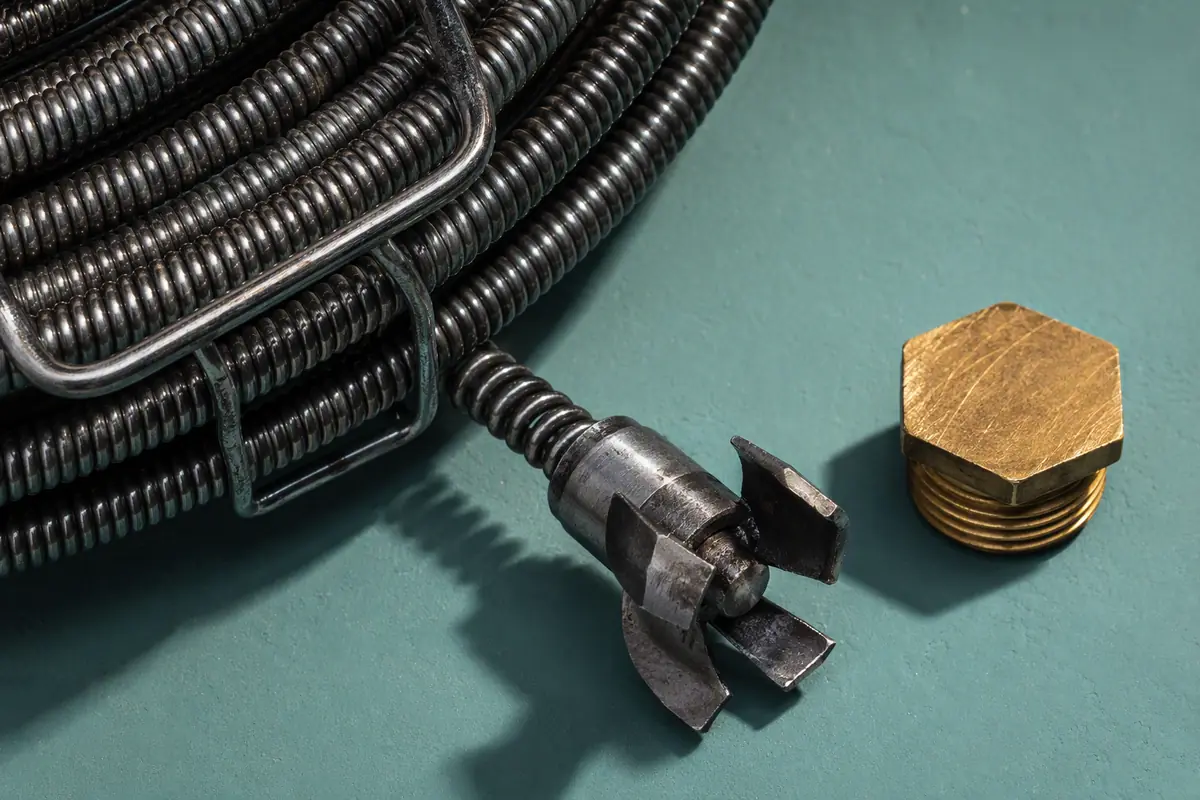 Illustrative drain-cleaning components arranged on a teal board.