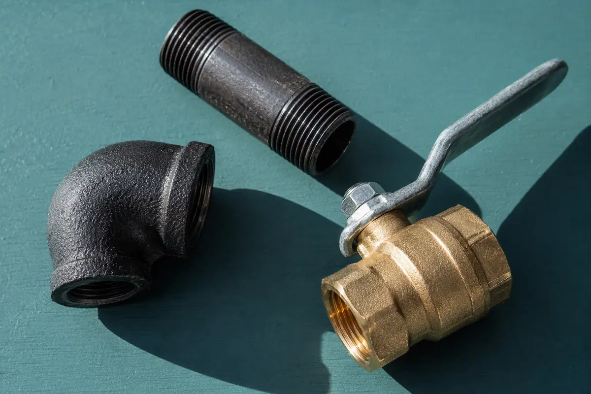 Illustrative gas-line valves and fittings on a teal board.
