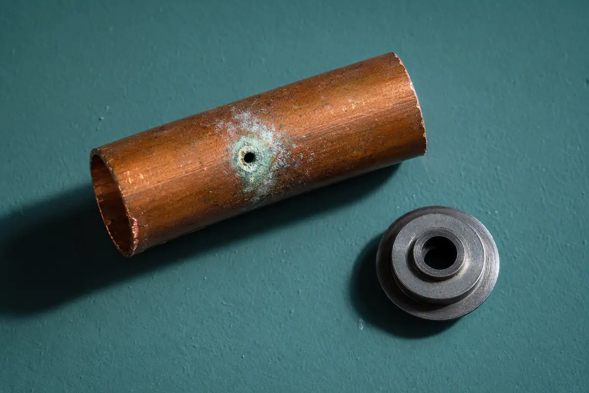 Illustrative leak-detection equipment and pipe fittings on a teal board.