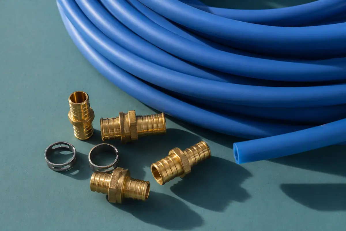 Illustrative copper and PEX repiping materials on a teal board.