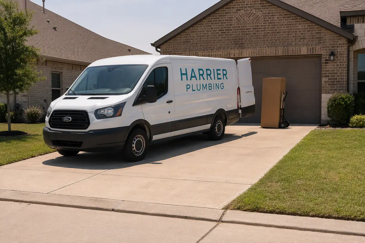 Illustrative Harrier van with a boxed water heater on a hand truck.