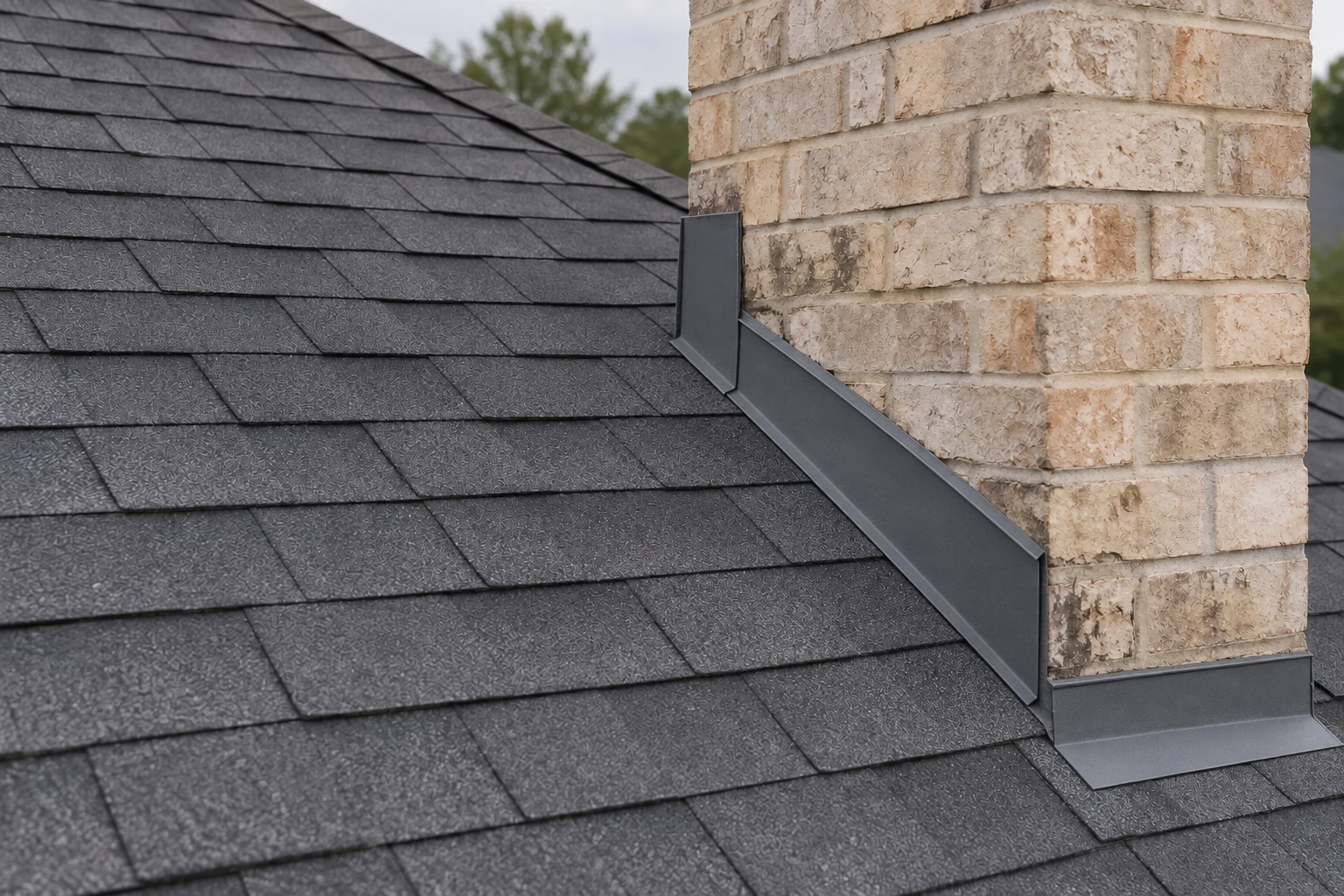 Same illustrative roof after repair, with intact shingles and corrected flashing