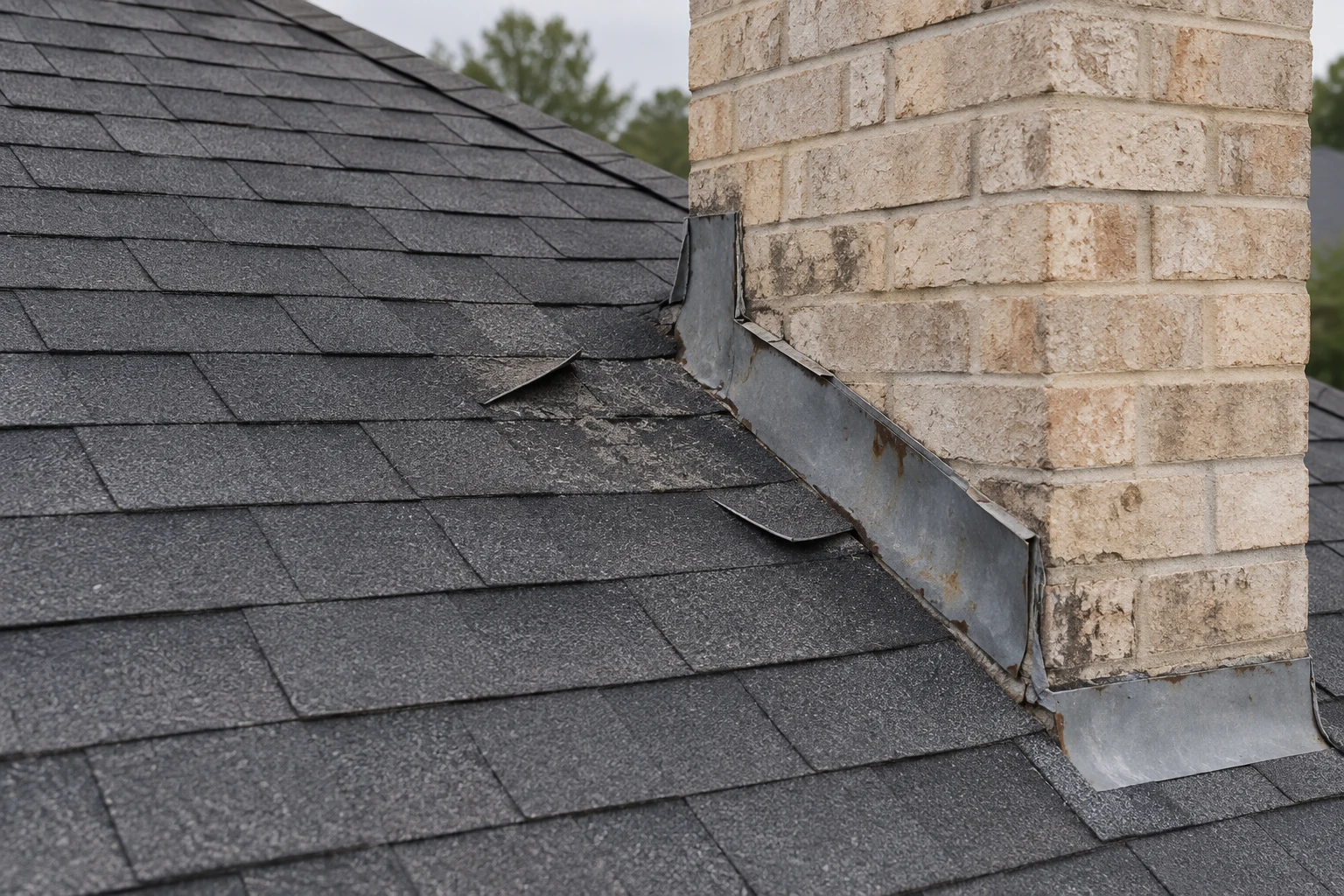 Illustrative roof before repair, with worn shingles and damaged flashing