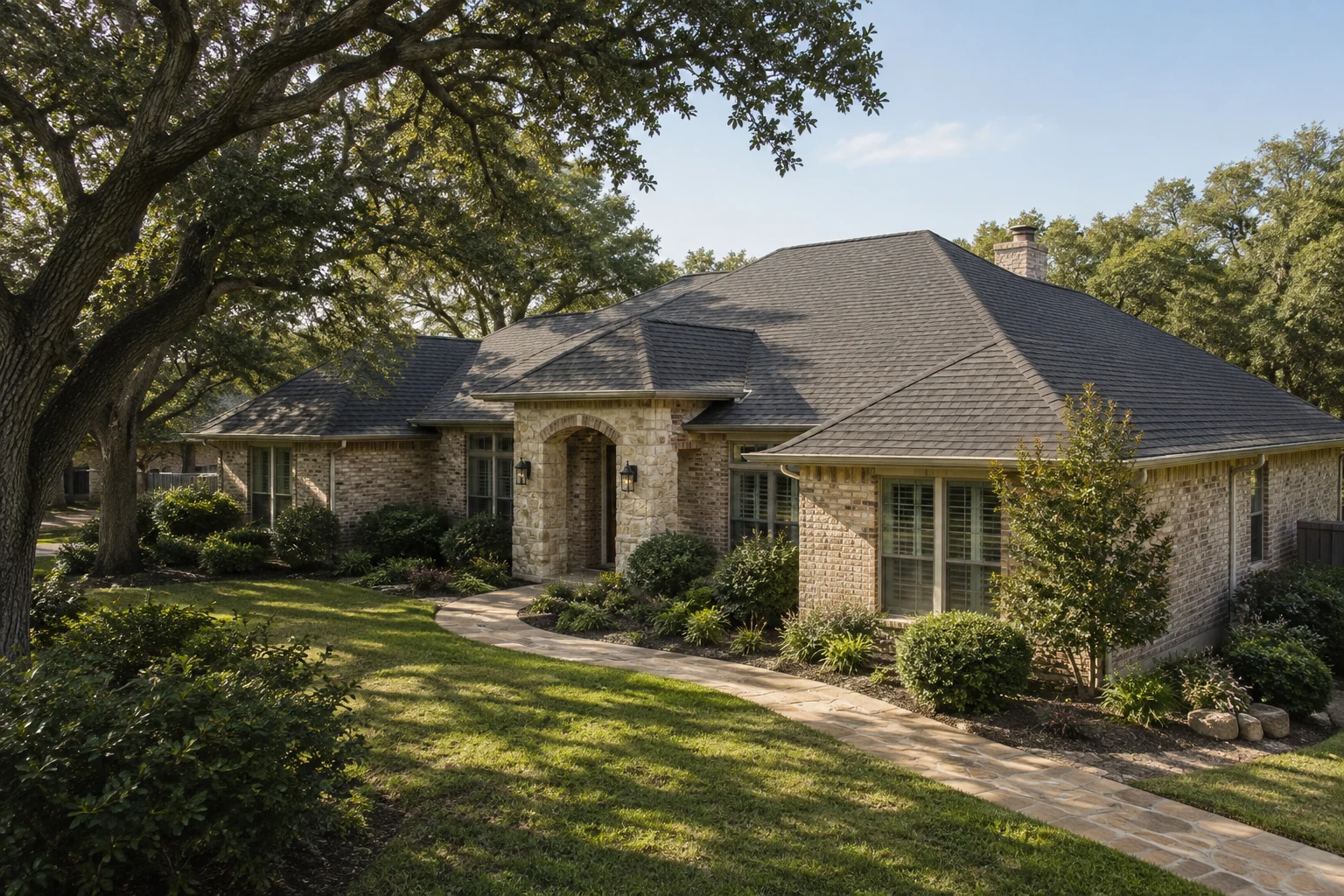 Illustrative Houston-area brick home with a broad charcoal shingle roof