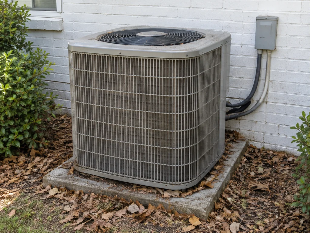 Illustration of the same condenser with dusty grille and leaves around the base