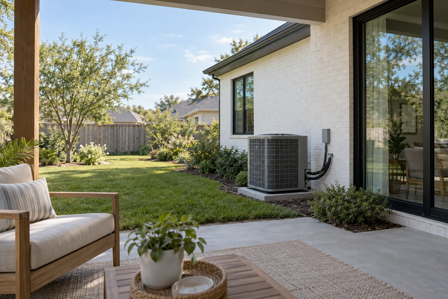 Illustrative Houston-area home with a central air-conditioning unit beside a shaded patio