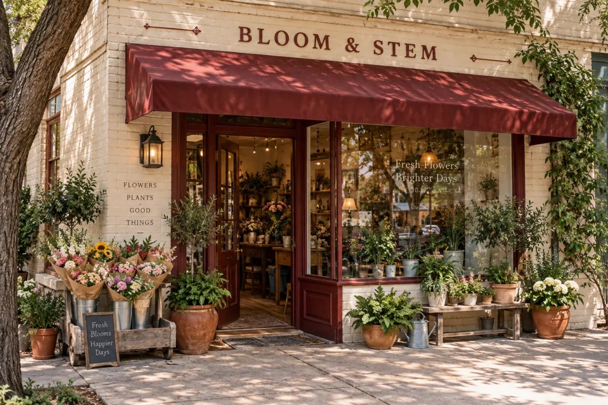 Illustrative Bloom & Stem flower shop with a red awning and bouquets at its entrance