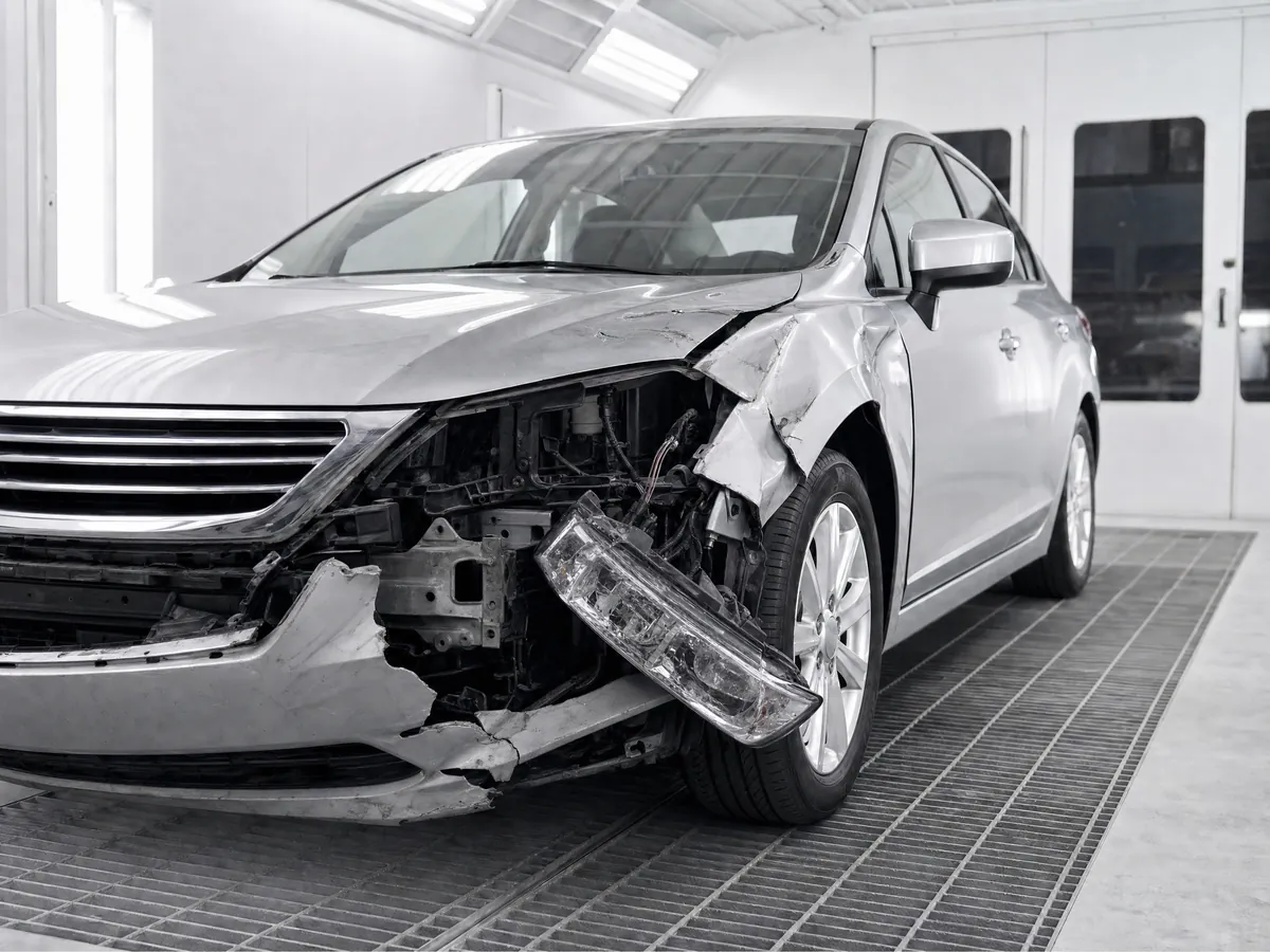 Illustrative sedan before repair, with a damaged front panel