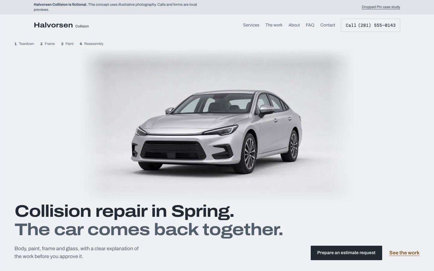 Halvorsen Collision home page with service information and a visible contact path.