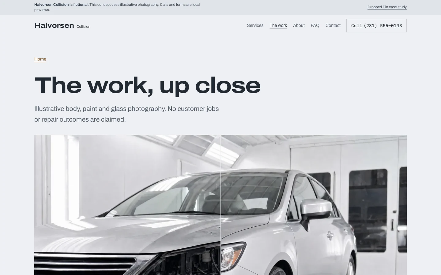 The Halvorsen Collision work page with a clearly labeled illustrative before-and-after comparison.