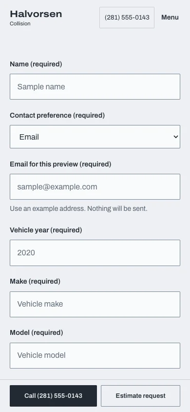 The Halvorsen Collision contact page on a phone, ready to prepare a local request preview.