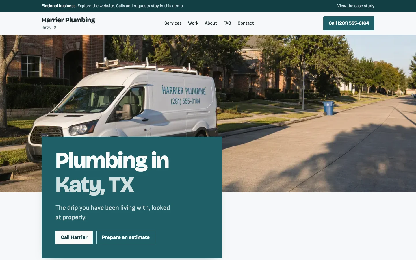 Harrier Plumbing home page with service information and a visible contact path.
