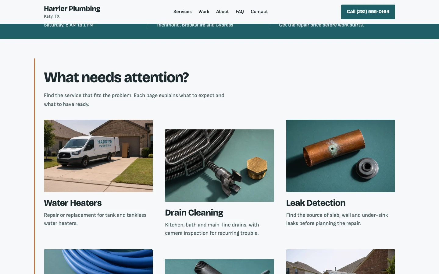 The Harrier Plumbing service choices, with a short explanation of each.