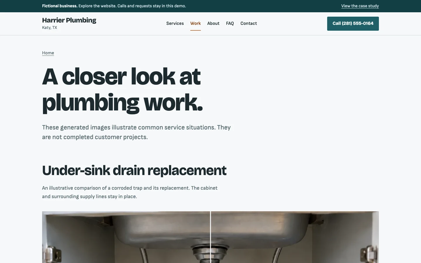 The Harrier Plumbing work page with a clearly labeled illustrative before-and-after comparison.