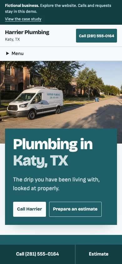 Harrier Plumbing on a phone with a persistent Call button.