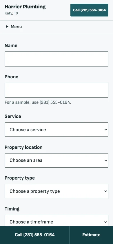 The Harrier Plumbing contact page on a phone, ready to prepare a local request preview.