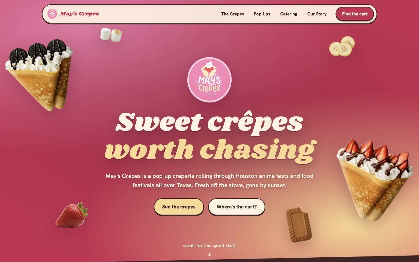 May’s Crepes website with its market schedule and food photography