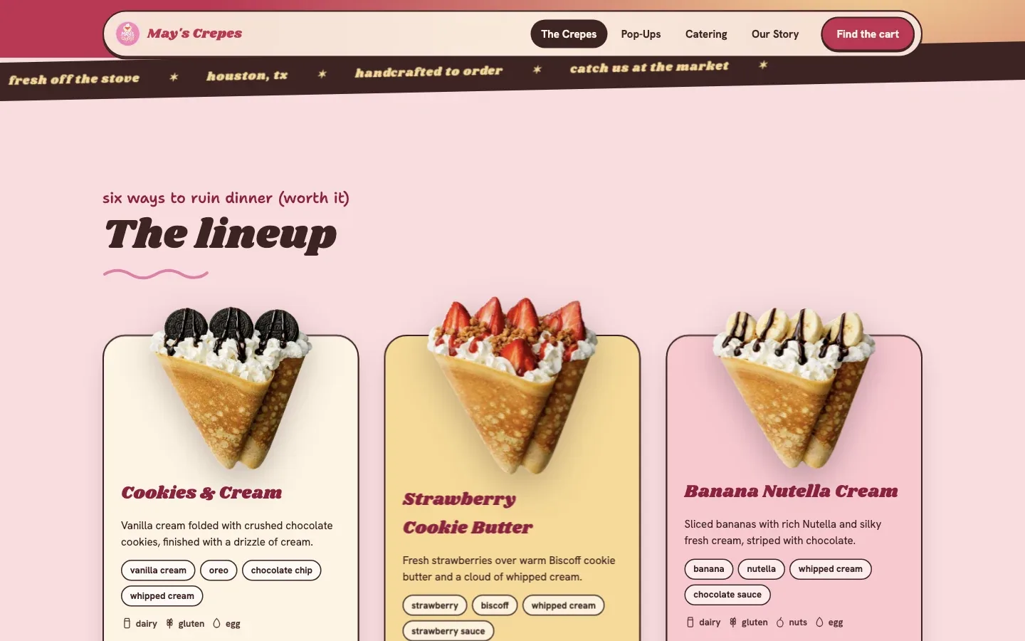 Six crepes shown with their names, photographs and descriptions.
