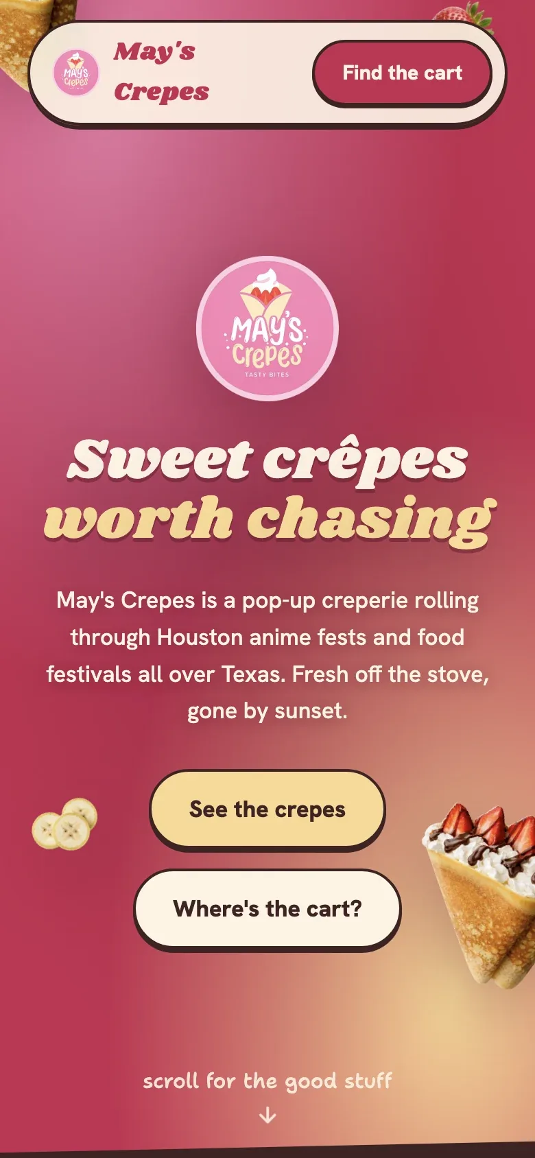 May’s Crepes on a phone, with links to the menu and upcoming pop-ups.
