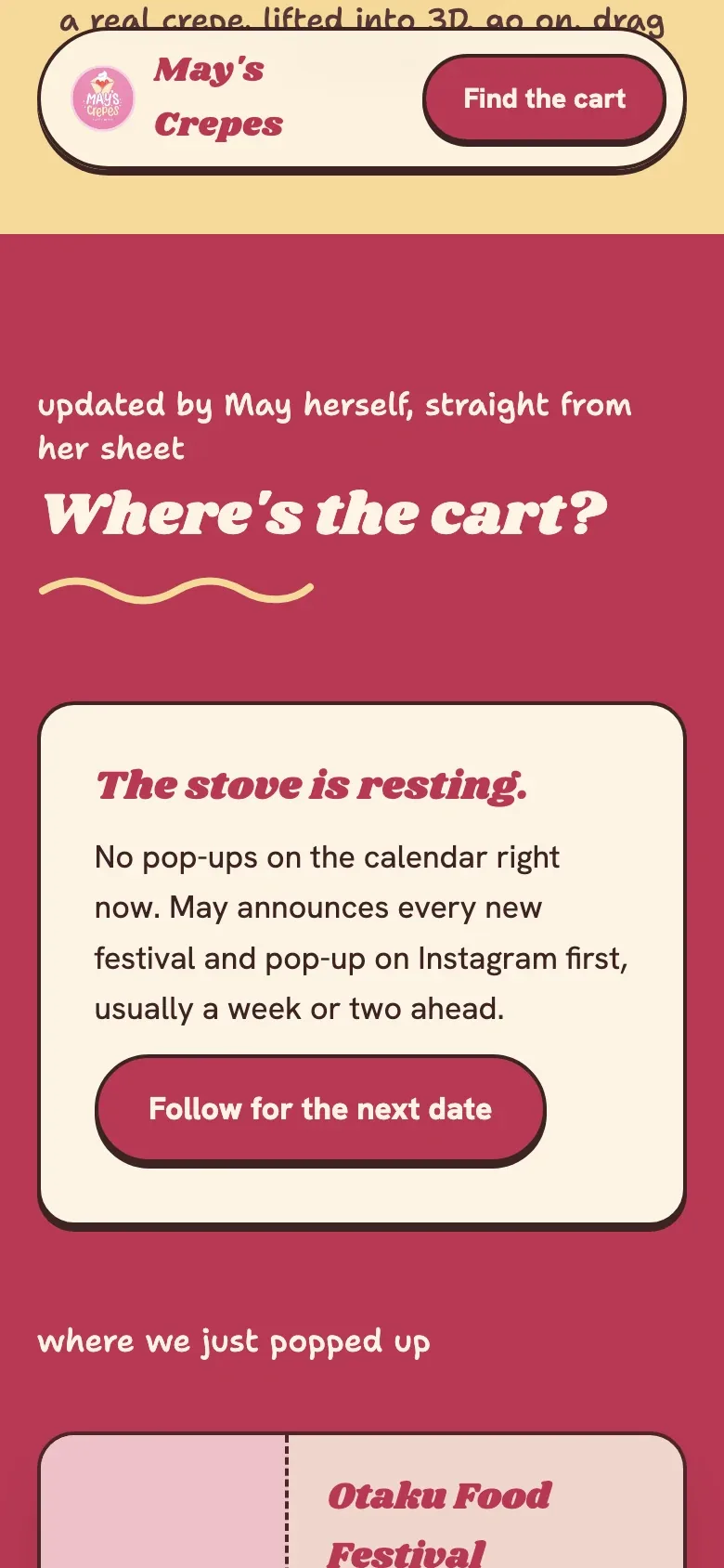 The pop-up schedule and Instagram update link on a phone.