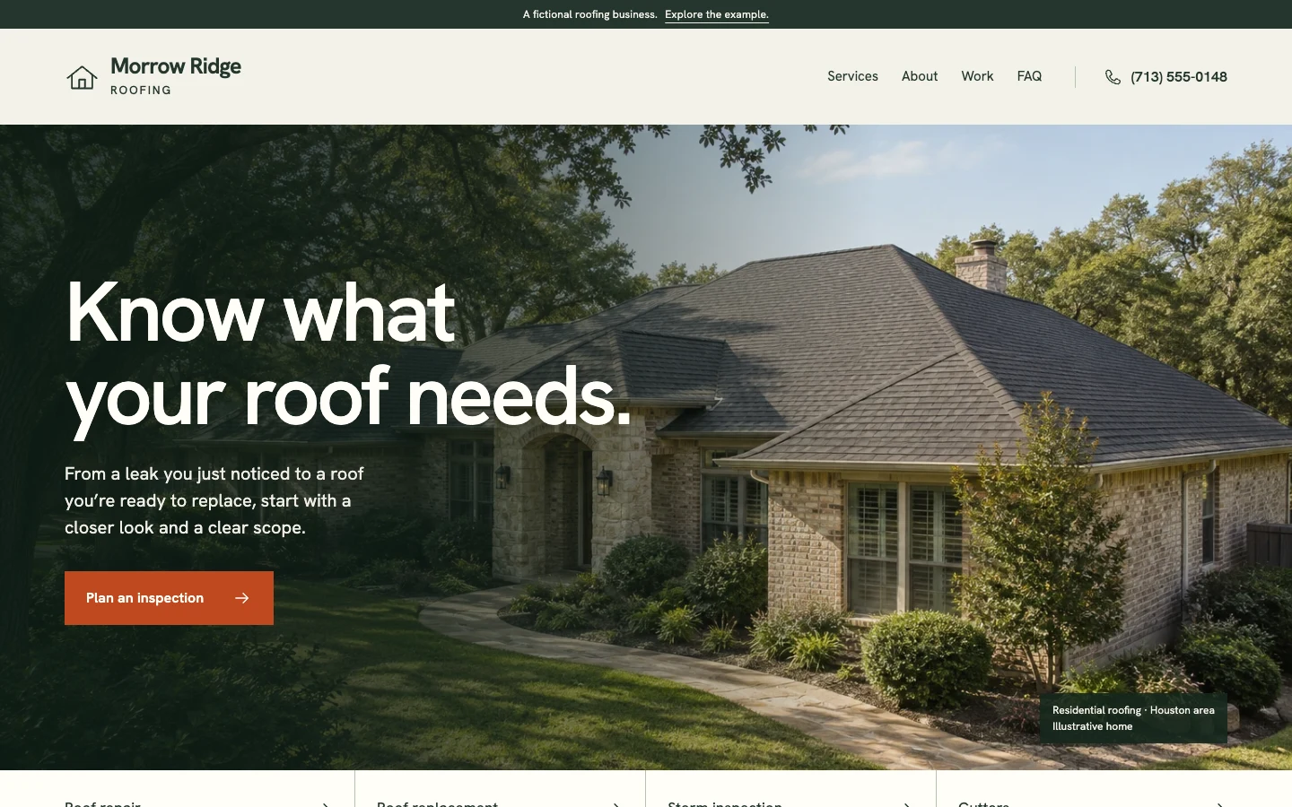 Morrow Ridge Roofing home page with service information and a visible contact path.