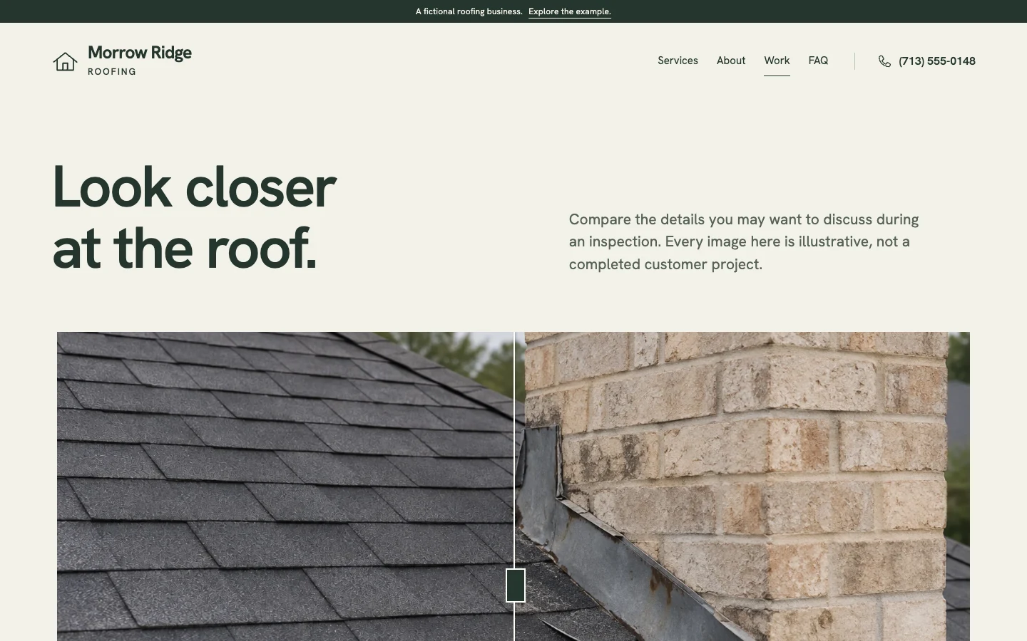 The Morrow Ridge Roofing work page with a clearly labeled illustrative before-and-after comparison.