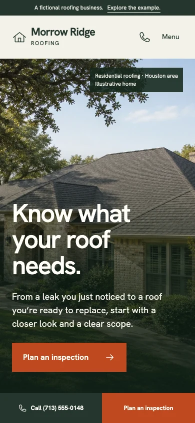 Morrow Ridge Roofing on a phone with a persistent Call button.