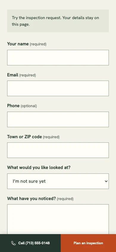 The Morrow Ridge Roofing contact page on a phone, ready to prepare a local request preview.