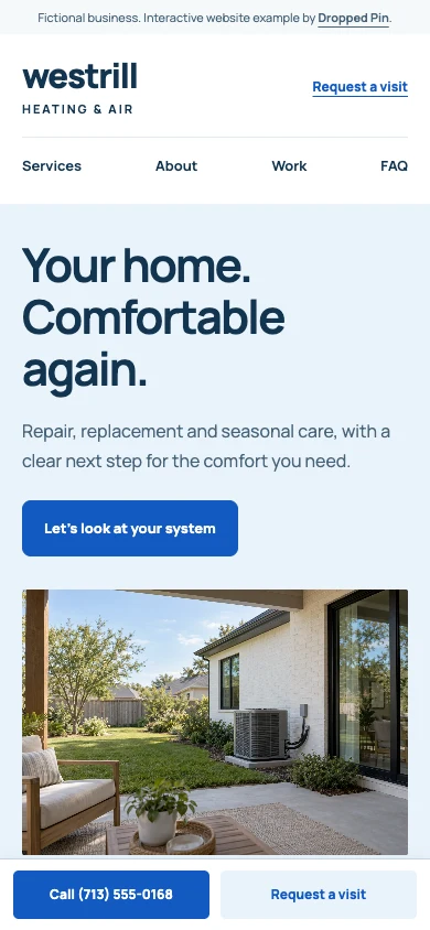 Westrill Heating & Air on a phone with a persistent Call button.