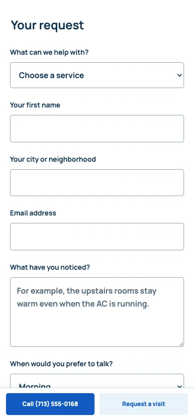The Westrill Heating & Air contact page on a phone, ready to prepare a local request preview.